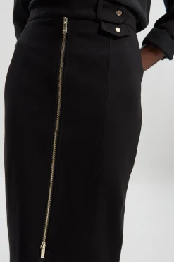 Jupe Mi-Longue en Ponte avec Zip Frontal et Détails de Finition