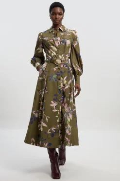 KarenMillen Jupe Mi-longue en Satin de Coton Imprimé Floral avec Détail Ceinture Tissée<Femme Jupes|Jupes