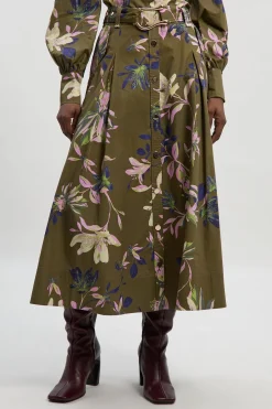 KarenMillen Jupe Mi-longue en Satin de Coton Imprimé Floral avec Détail Ceinture Tissée<Femme Jupes|Jupes
