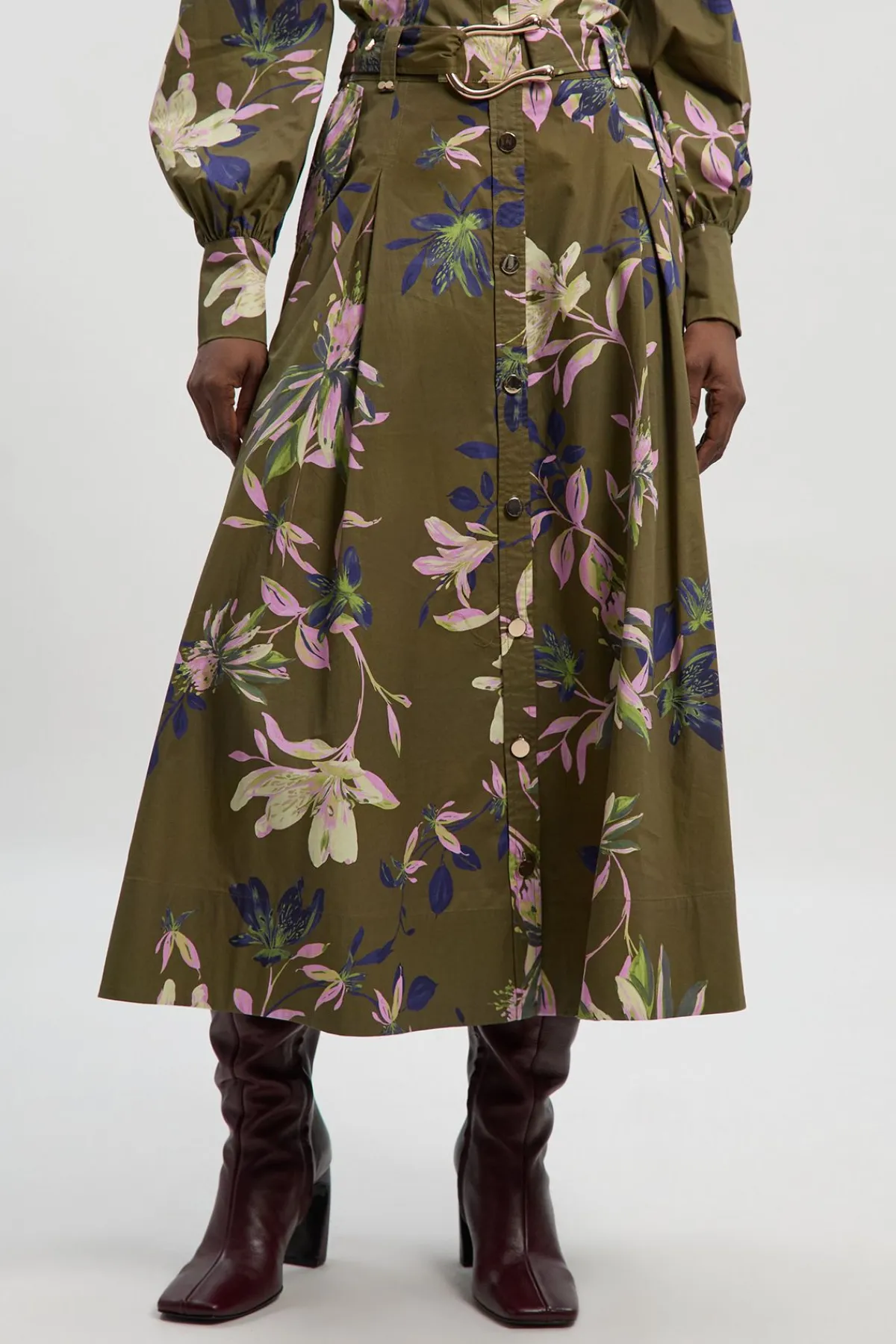 KarenMillen Jupe Mi-longue en Satin de Coton Imprimé Floral avec Détail Ceinture Tissée<Femme Jupes|Jupes