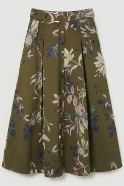 KarenMillen Jupe Mi-longue en Satin de Coton Imprimé Floral avec Détail Ceinture Tissée<Femme Jupes|Jupes