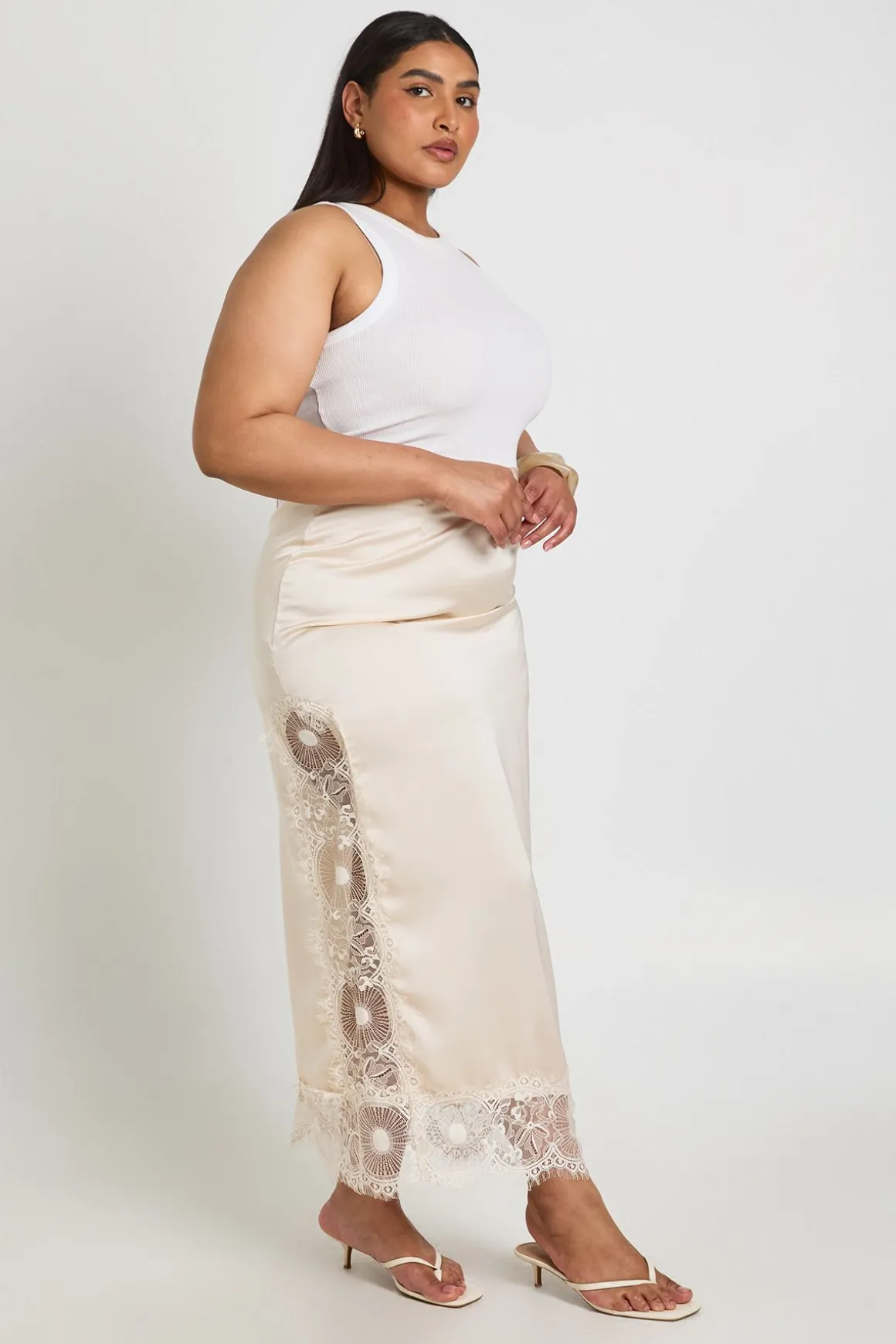 Jupe Mi-longue Grande Taille En Satin Avec Bordure En Dentelle