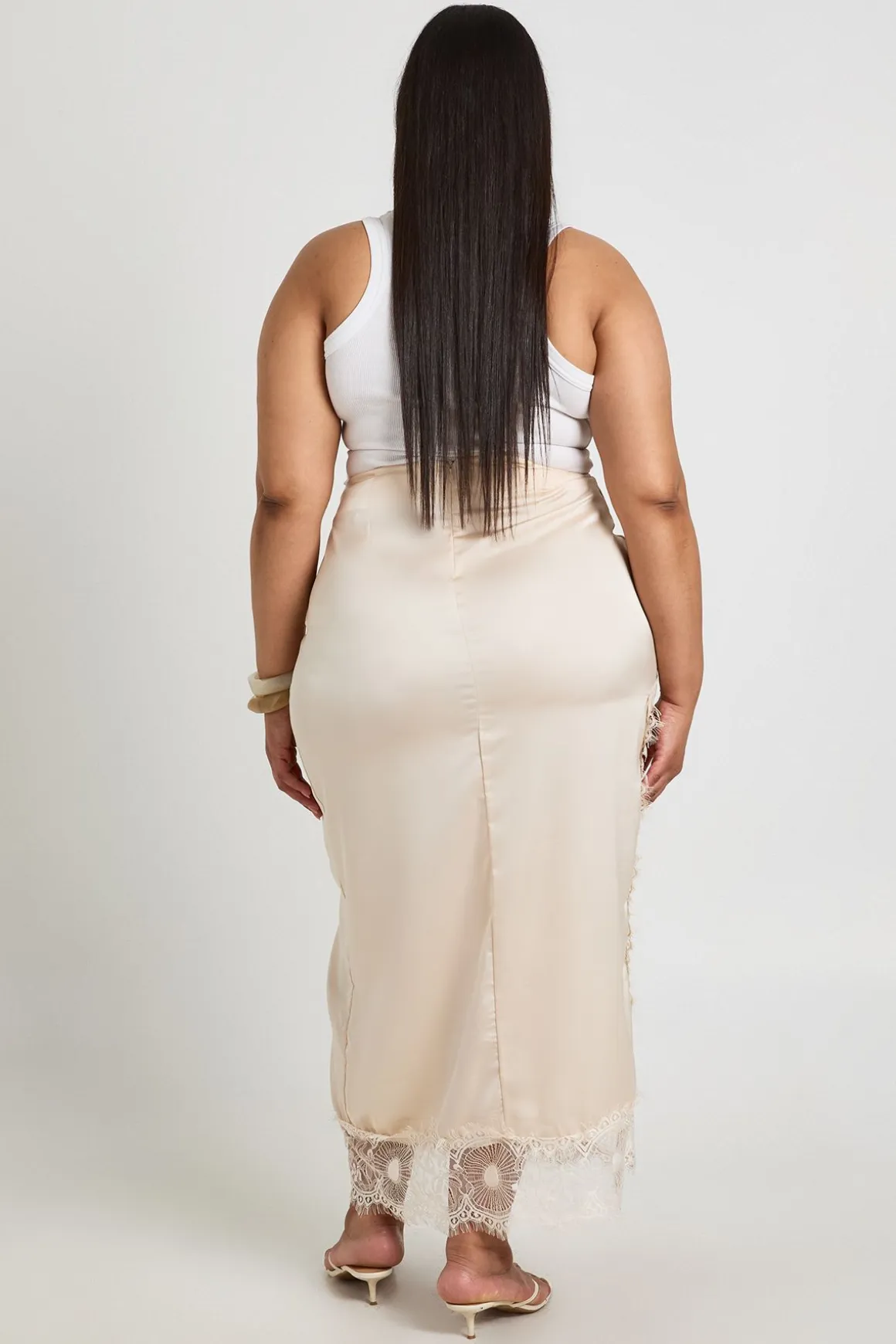 Jupe Mi-longue Grande Taille En Satin Avec Bordure En Dentelle