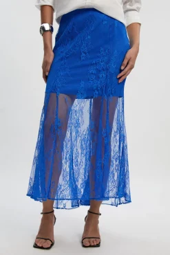Jupe Mi-longue Tissée à Godets en Dentelle Transparente Petite Taille