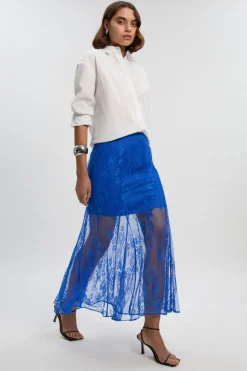 Jupe Mi-longue Tissée à Godets en Dentelle Transparente Petite Taille