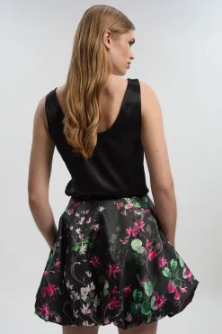 Jupe Mini Boule Bouffante en Sergé à Motifs Floraux Épars