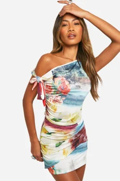 Jupe Mini à Carte Postale Florale avec Détail de Nœud sur le Côté
