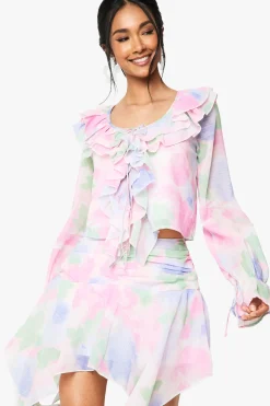 Jupe Mini en Chiffon à Ourlet Hanky Floral