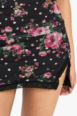 Jupe Mini en Maille à Motifs Floraux avec Fente et Bordure en Dentelle