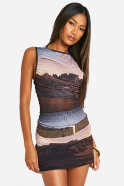 boohoo Jupe mini à imprimé désertique et ceinture froncée<Femme Jupes|Jupes
