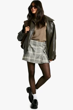 Jupe Mini Plissée à Carreaux avec Fermeture à Boucle