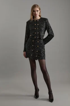 Jupe mini portefeuille sur-mesure en sequins