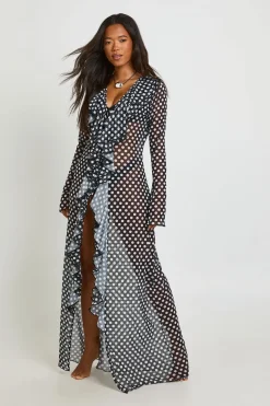 Kimono De Plage Maxi En Mesh À Pois Avec Détails Volantés