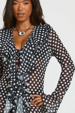 Kimono De Plage Maxi En Mesh À Pois Avec Détails Volantés