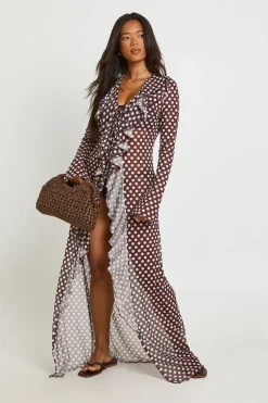 boohoo Kimono De Plage Maxi En Mesh À Pois Avec Détails À Volants<Femme Pois|Tenues De Plage