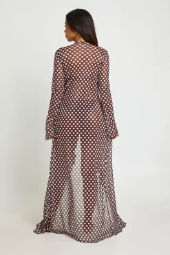 boohoo Kimono De Plage Maxi En Mesh À Pois Avec Détails À Volants<Femme Pois|Tenues De Plage