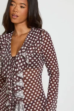boohoo Kimono De Plage Maxi En Mesh À Pois Avec Détails À Volants<Femme Pois|Tenues De Plage