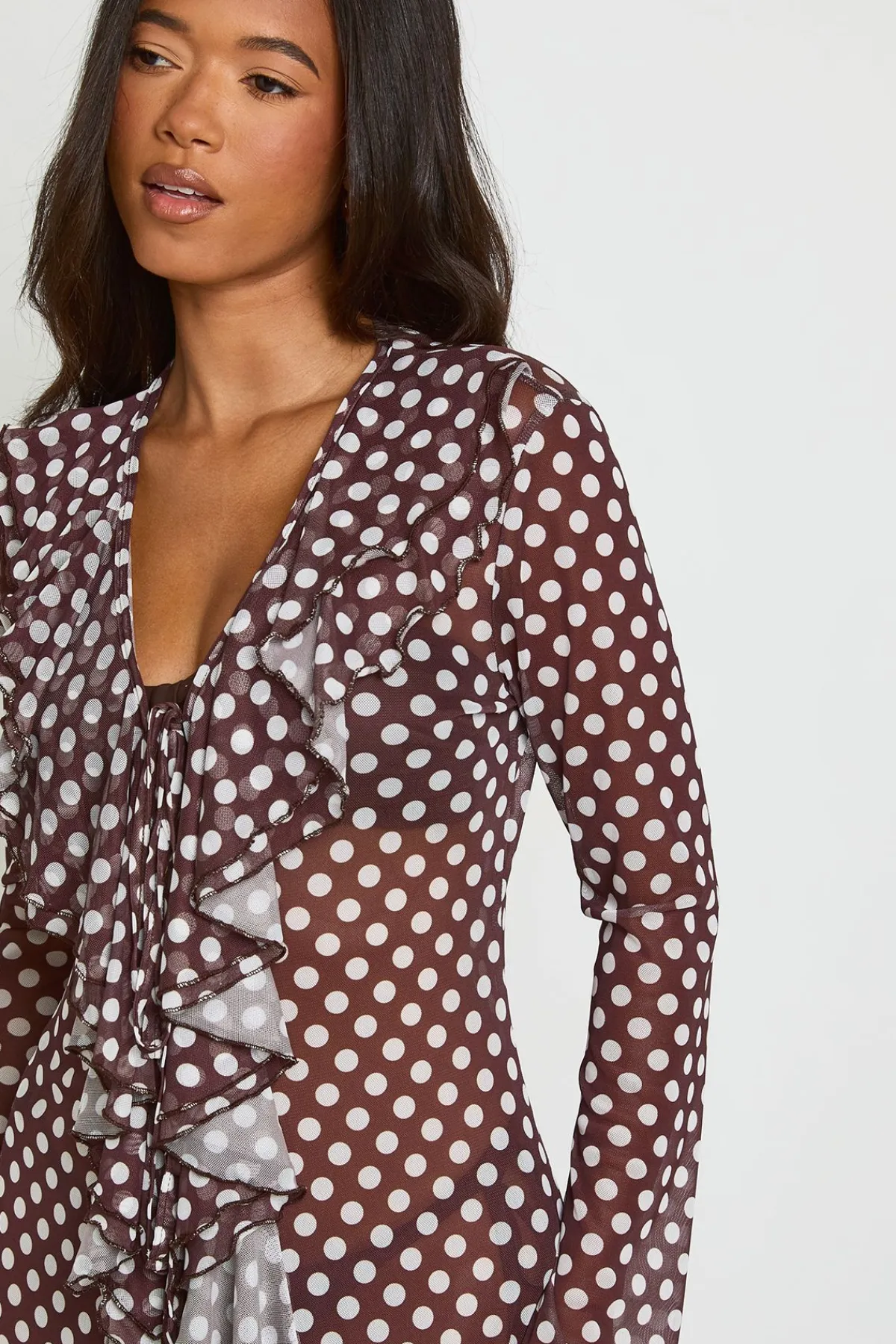 boohoo Kimono De Plage Maxi En Mesh À Pois Avec Détails À Volants<Femme Pois|Tenues De Plage