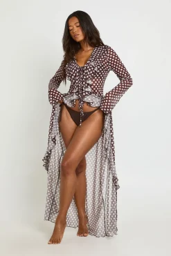 boohoo Kimono De Plage Maxi En Mesh À Pois Avec Détails À Volants<Femme Pois|Tenues De Plage