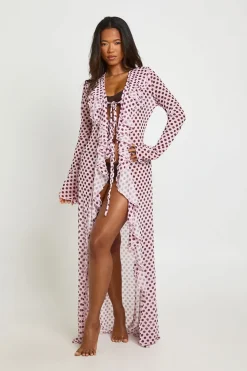 Kimono De Plage Maxi En Tulle À Pois Avec Détail De Volants
