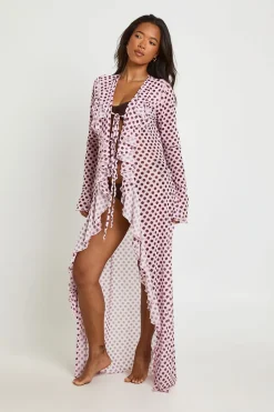 Kimono De Plage Maxi En Tulle À Pois Avec Détail De Volants