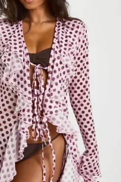 Kimono De Plage Maxi En Tulle À Pois Avec Détail De Volants