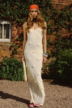Knitted Flower Detail Crochet Maxi Dress