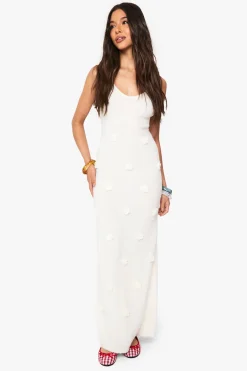 Knitted Flower Detail Crochet Maxi Dress