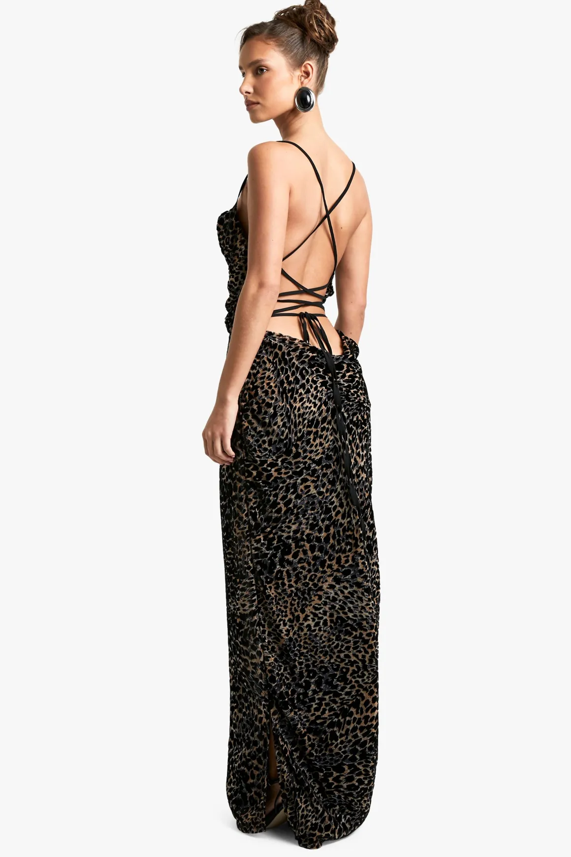 Leopard Devore Robe Maxi à Encolure Drapée et Dos Noué