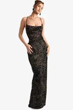 Leopard Devore Robe Maxi à Encolure Drapée et Dos Noué