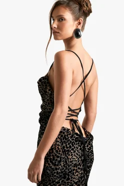 Leopard Devore Robe Maxi à Encolure Drapée et Dos Noué