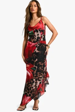 Leopard Floral Mix Robe Maxi Corset en Chiffon