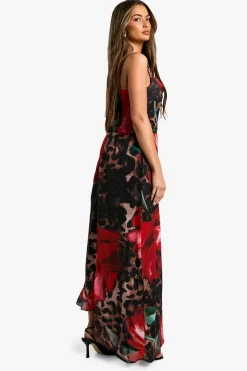 Leopard Floral Mix Robe Maxi Corset en Chiffon