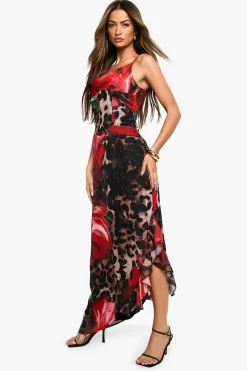 Leopard Floral Mix Robe Maxi Corset en Chiffon
