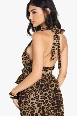 Leopard Print Halterneck Wrap Crop Top