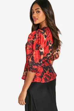 Leopard Volume Sleeve Tie Front Blouse