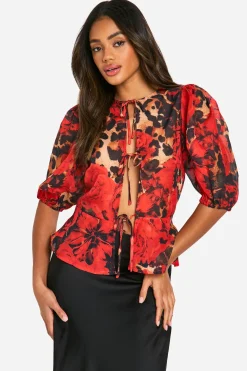 Leopard Volume Sleeve Tie Front Blouse