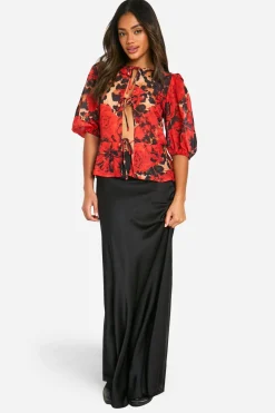 Leopard Volume Sleeve Tie Front Blouse