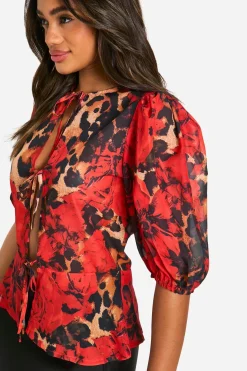 Leopard Volume Sleeve Tie Front Blouse