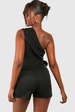 boohoo Linen Look Asymmetric Ruched Blouse<Femme Tops