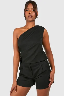 boohoo Linen Look Asymmetric Ruched Blouse<Femme Tops