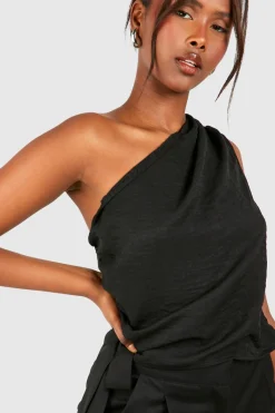 boohoo Linen Look Asymmetric Ruched Blouse<Femme Tops