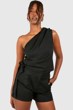 boohoo Linen Look Asymmetric Ruched Blouse<Femme Tops