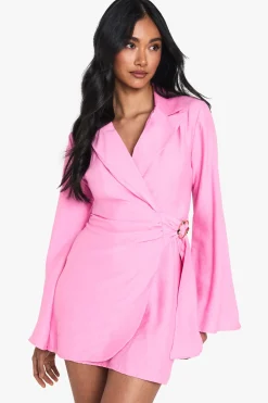 boohoo Linen Look Buckle Detail Tie Waist Tailored Blazer Dress<Femme Tailleurs|Robes À Manches Longues