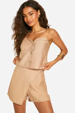 boohoo Linen Look Button Front Bandeau<Femme Tops