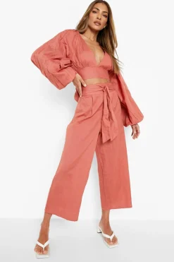 Linen Look Crop à manches ballon et pantalon large