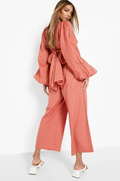 Linen Look Crop à manches ballon et pantalon large