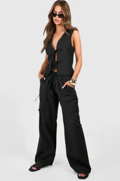 Linen Look Crop top à nouer à l'avant et pantalons larges en imitation lin