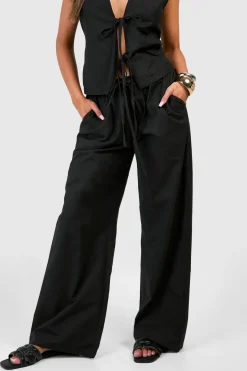 Linen Look Crop top à nouer à l'avant et pantalons larges en imitation lin