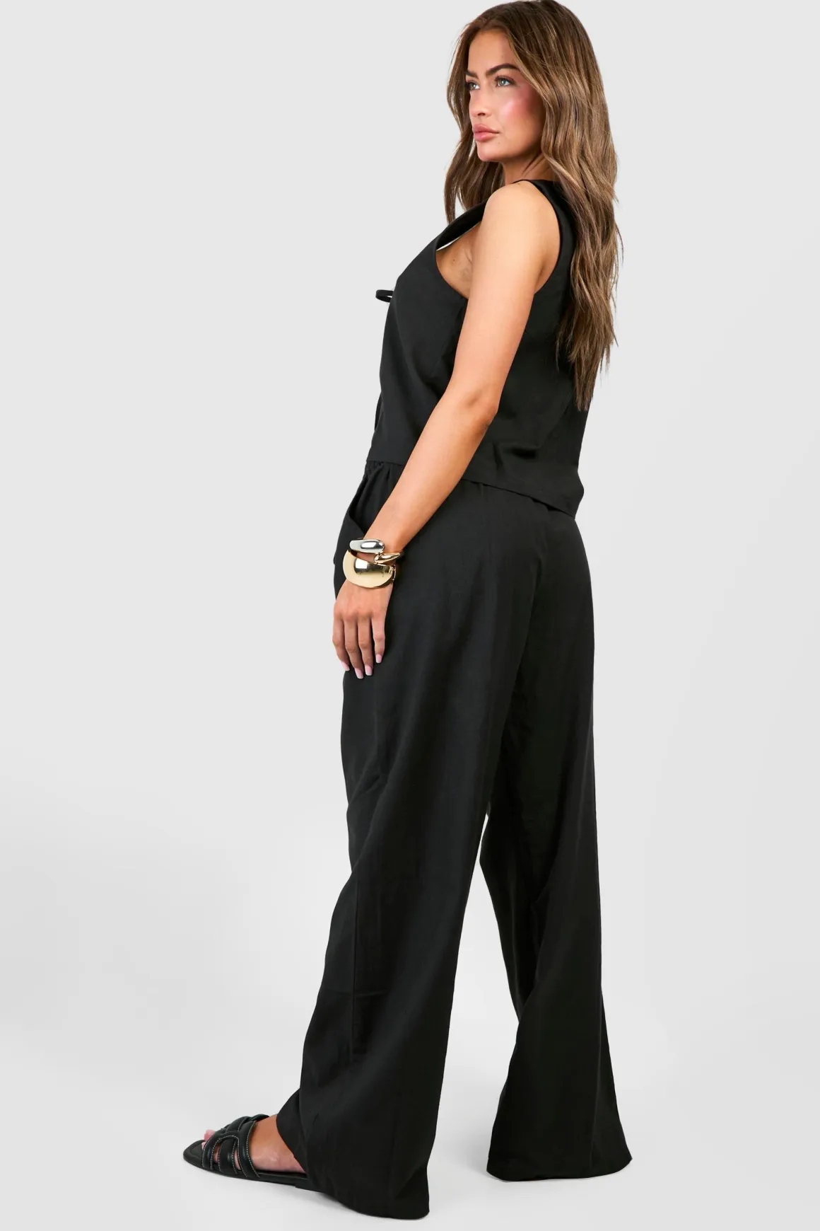 Linen Look Crop top à nouer à l'avant et pantalons larges en imitation lin